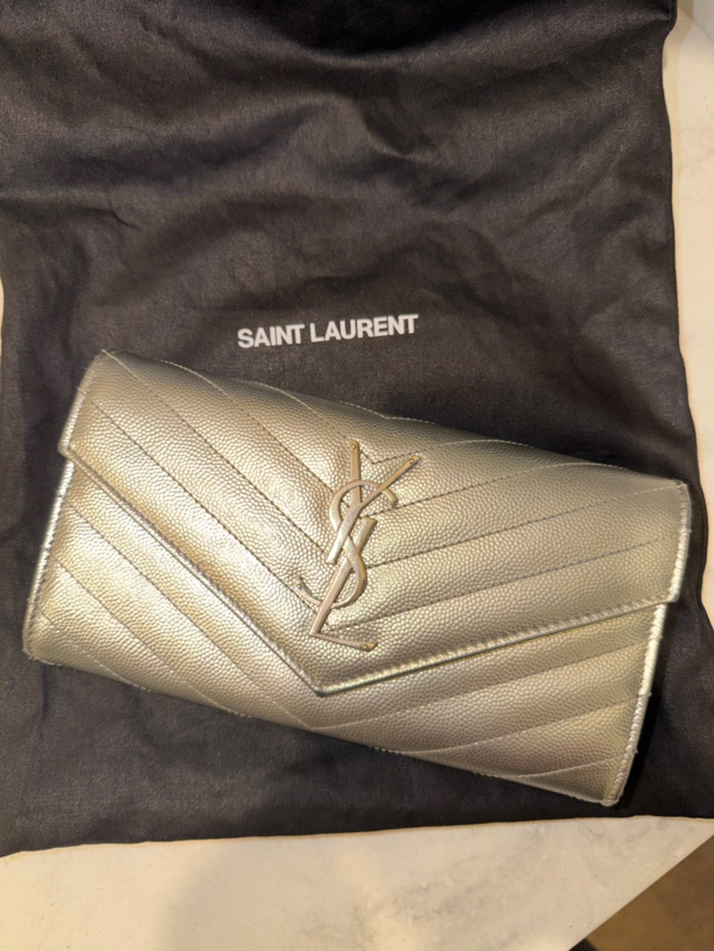 Saint Laurent Metallic Silver Quilted YSL Envelope Clutch